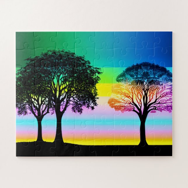 Pastel Sunset Behind Black Silhouette Trees Jigsaw Puzzle (Horizontal)