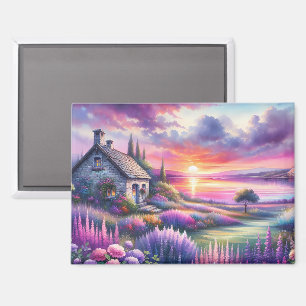Pastel Sunset Cottage Lakeside Garden Dreamscape Magnet