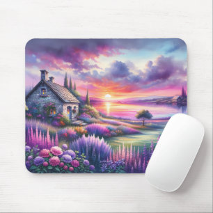 Pastel Sunset Cottage Lakeside Garden Dreamscape Mouse Pad