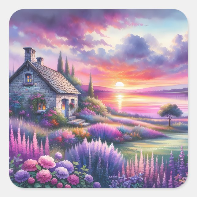 Pastel Sunset Cottage Lakeside Garden Dreamscape Square Sticker (Front)