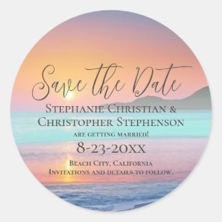 Pastel Sunset Destination Beach Save the Date Classic Round Sticker