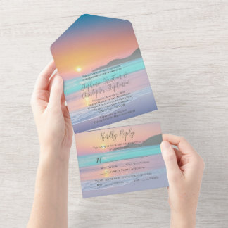 Pastel Sunset Destination Ocean Beach Wedding All In One Invitation