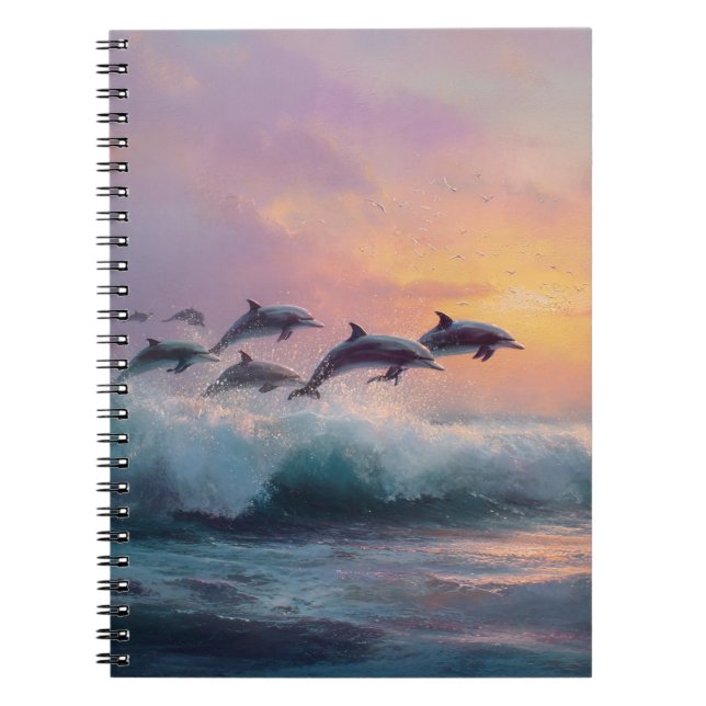 Pastel Sunset Dolphins Ocean Notebook (Front)