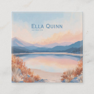 Pastel Sunset Lake Mountain Gold Frame Square Business Card
