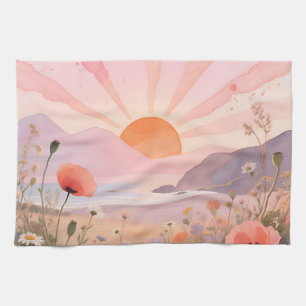 Pastel Sunset Wildflower Meadow Tea Towel