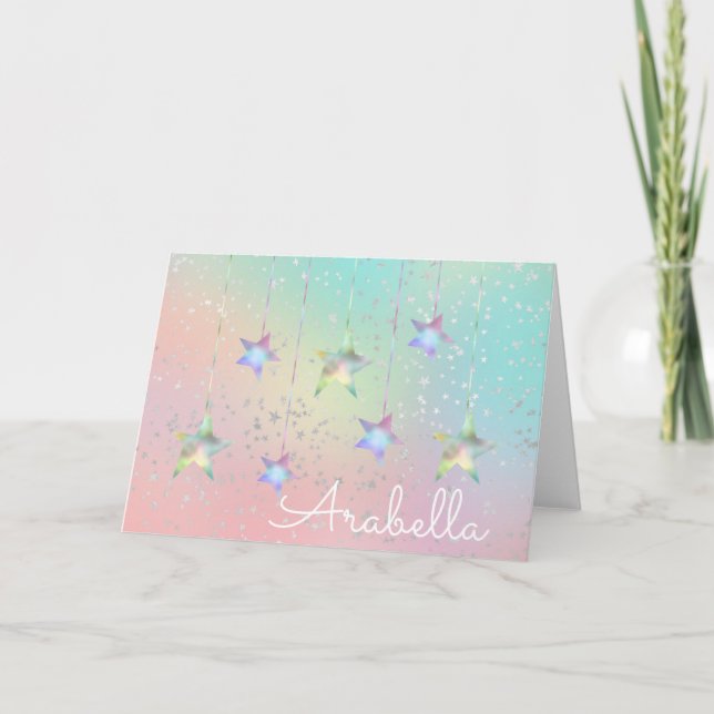 Pastel swirl holographic star ribbon cute pink card (Front)