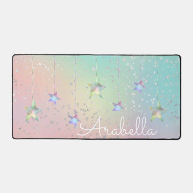 Pastel swirl holographic stars and ribbon cute   desk mat (Front)