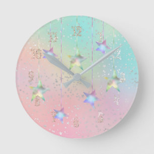 Pastel swirl holographic stars and ribbon cute round clock