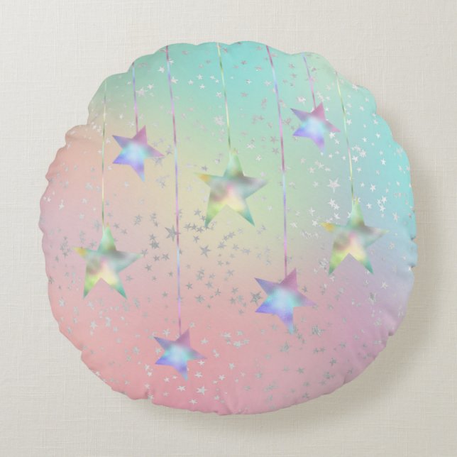 Pastel swirl holographic stars and ribbon cute   round cushion (Front)