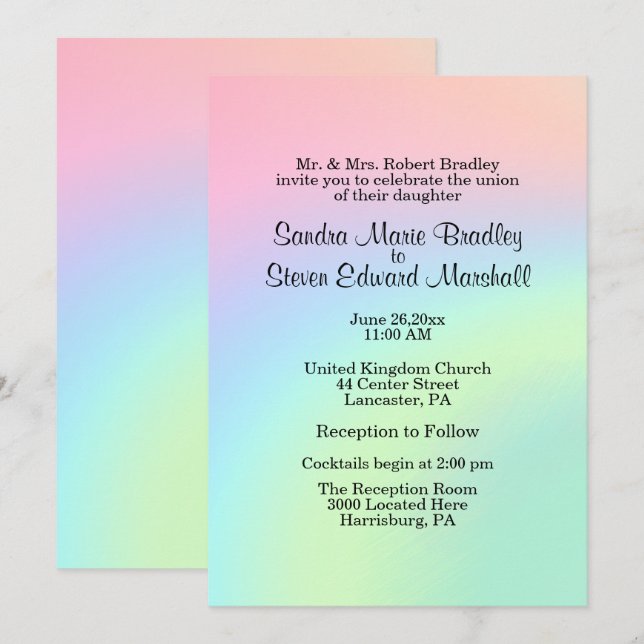 Pastel Swirl Wedding Invitation with Reception (Front/Back)