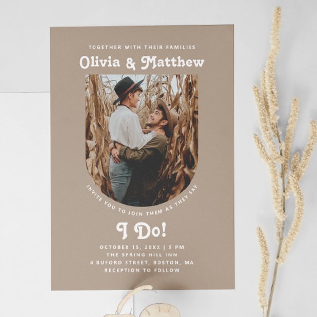 Pastel taupe arch photo minimalist retro wedding invitation (Creator Uploaded)