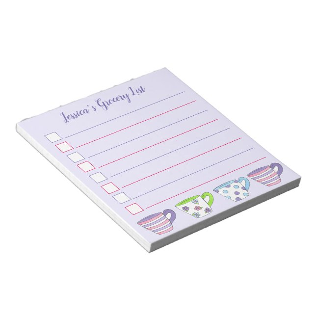 Pastel Tea Party Cups Teacups Cuppa Grocery List Notepad (Angled)