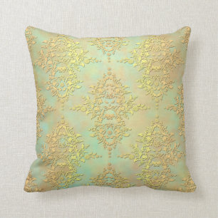 Pastel Teal and Gold Aurora Antiqued Damask Cushion