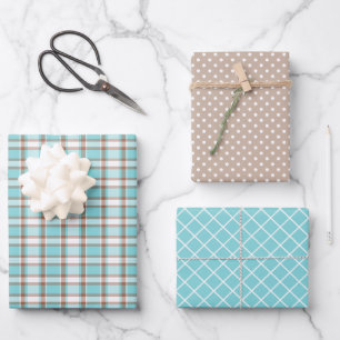 Pastel Teal Blue Coffee Brown Stripes Polkadots Wrapping Paper Sheet