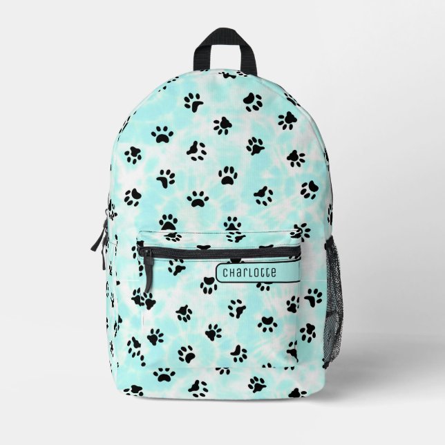 Pastel Teal Blue White Shibori Paw Pattern Cute Printed Backpack (Front)