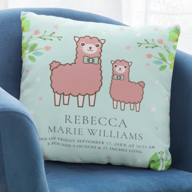 Pastel Teal Cute Pink Llama Baby Girl Birth Stats Cushion (Creator Uploaded)