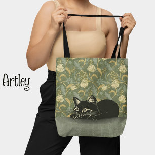 Pastel Teal Floral Art Nouveau Cute Black Cat Tote Bag