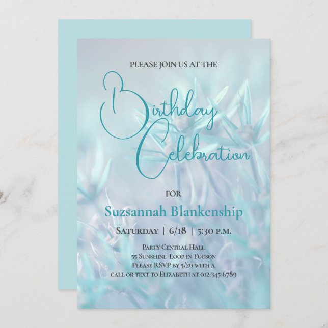 Pastel Teal Floral Background Birthday Party Invitation (Front/Back)