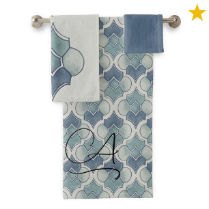 Pastel Teal Monogram Watercolor Geometric Pattern Bath Towel Set