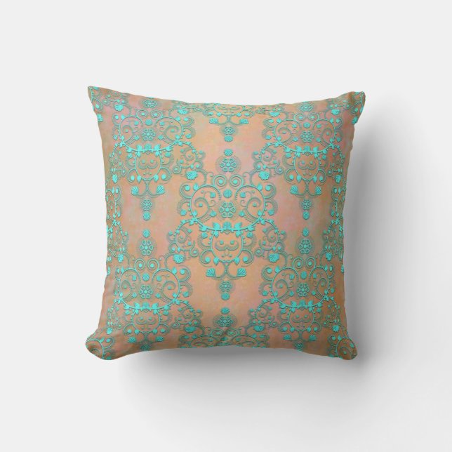 Pastel Teal over Peachy Gold Fancy Damask Cushion (Front)