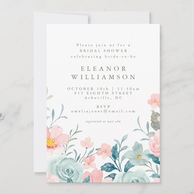 Pastel Teal Pink Watercolor Floral Bridal Shower Invitation (Front)