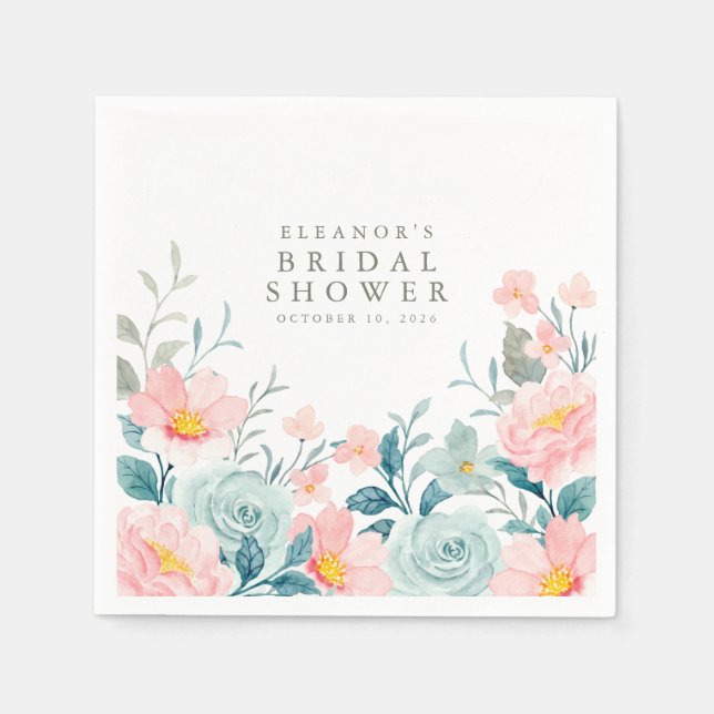 Pastel Teal Pink Watercolor Floral Bridal Shower  Napkin (Front)