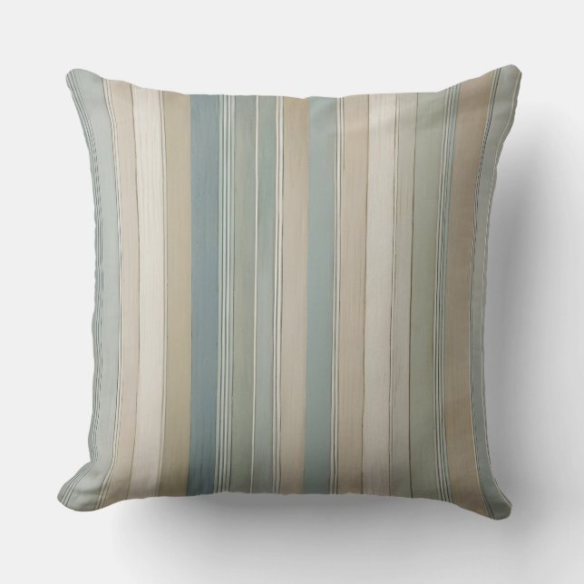 Pastel Teal Sage Beige Cream Stripe Cushion (Front)