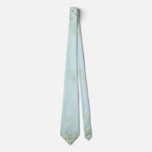 Pastel Teal White Flowers Neck Tie