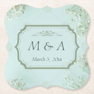 Pastel Teal White Flowers Wedding Paper Coaster