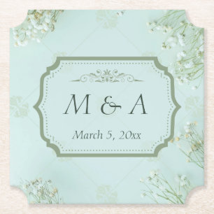 Pastel Teal White Flowers Wedding Ticket Paper Coaster