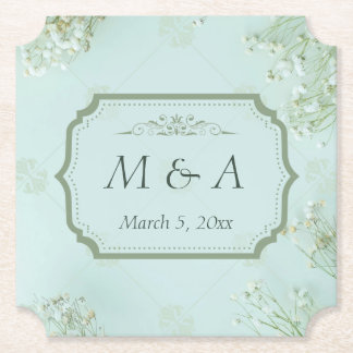 Pastel Teal White Flowers Wedding Ticket Paper Coaster