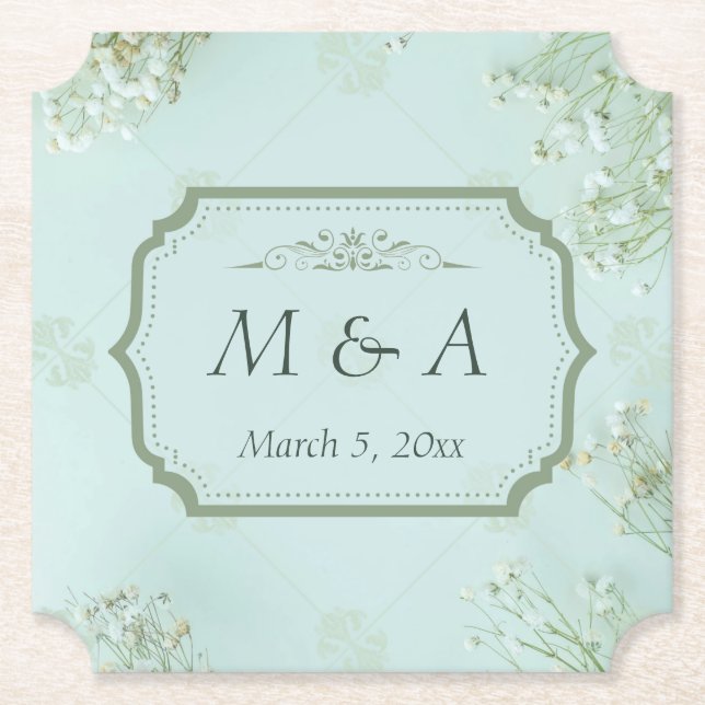 Pastel Teal White Flowers Wedding Ticket Paper Coaster (Front)