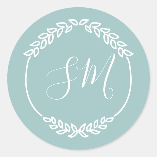 Pastel Teal White Leaf Wreath Monogram Wedding Classic Round Sticker (Front)