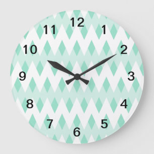 Pastel Teal Zigzag Pattern with Diamond Shapes. Large Clock