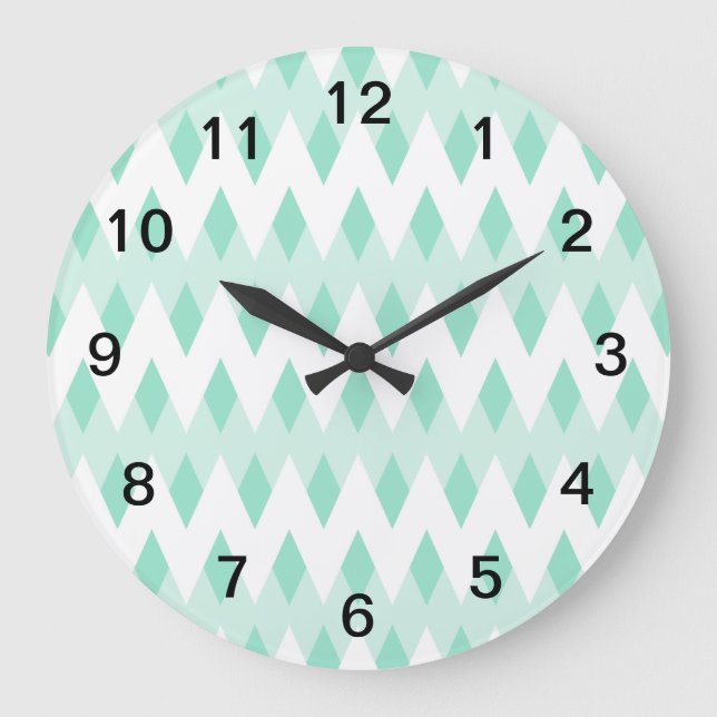 Pastel Teal Zigzag Pattern with Diamond Shapes. Large Clock (Front)