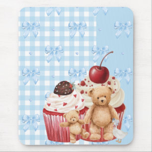 pastel "teddy bear" cupcake kawaii gingham ribbon mouse pad