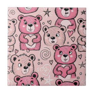 Pastel Teddy Bear Heart Pattern Ceramic Tile