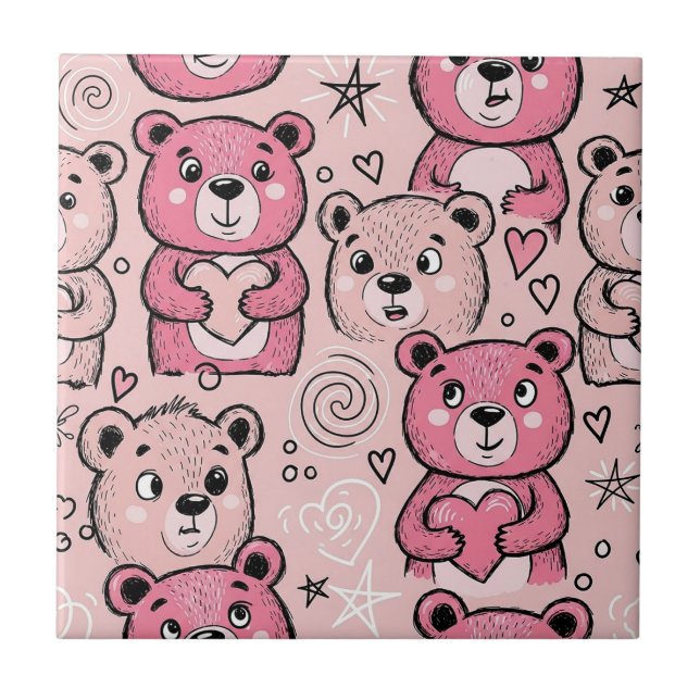 Pastel Teddy Bear Heart Pattern Ceramic Tile (Front)
