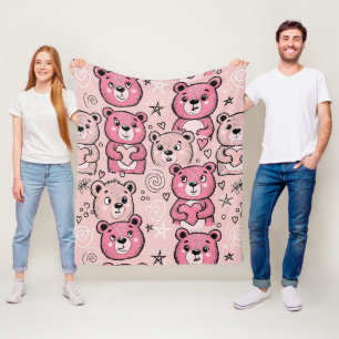 Pastel Teddy Bear Heart Pattern Fleece Blanket