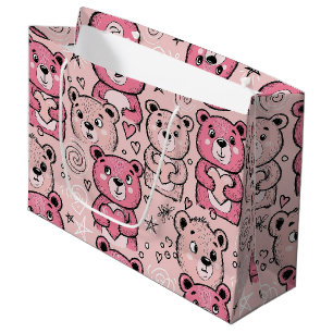 Pastel Teddy Bear Heart Pattern Large Gift Bag