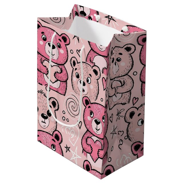 Pastel Teddy Bear Heart Pattern Medium Gift Bag (Front Angled)