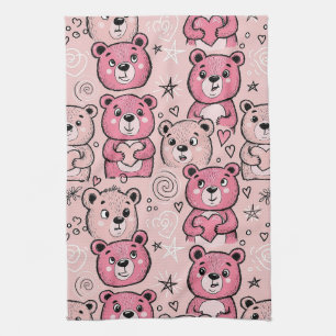 Pastel Teddy Bear Heart Pattern Tea Towel