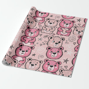 Pastel Teddy Bear Heart Pattern Wrapping Paper