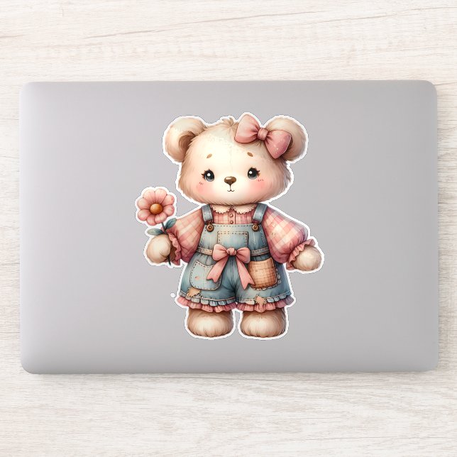 Pastel Teddy Bear Holding Flower Wearing Overalls (Computer)