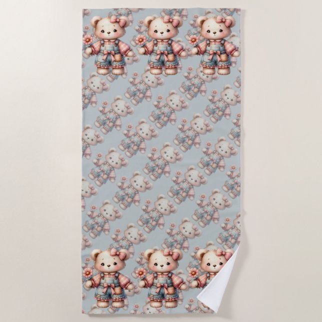 Pastel Teddy Bear Holding Flower Wearing Overalls Beach Towel (Front)