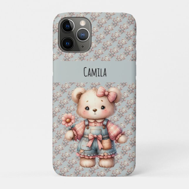 Pastel Teddy Bear Holding Flower Wearing Overalls Case-Mate iPhone Case (Back)