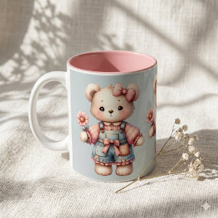 Pastel Teddy Bear Holding Flower Wearing Overalls Coffee Mug