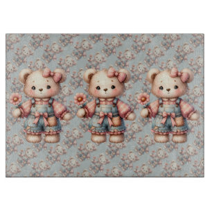 Pastel Teddy Bear Holding Flower Wearing Overalls Cutting Board