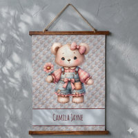 Pastel Teddy Bear Holding Flower Wearing Overalls