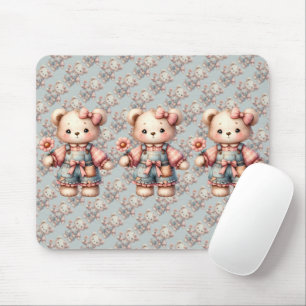 Pastel Teddy Bear Holding Flower Wearing Overalls Mouse Pad
